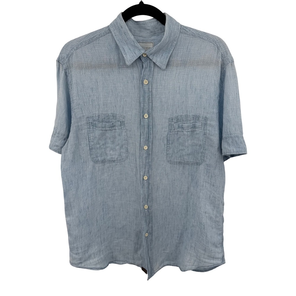 Billy Reid‎ Mens M Blue 100% Linen Short Sleeve Button Down Shirt